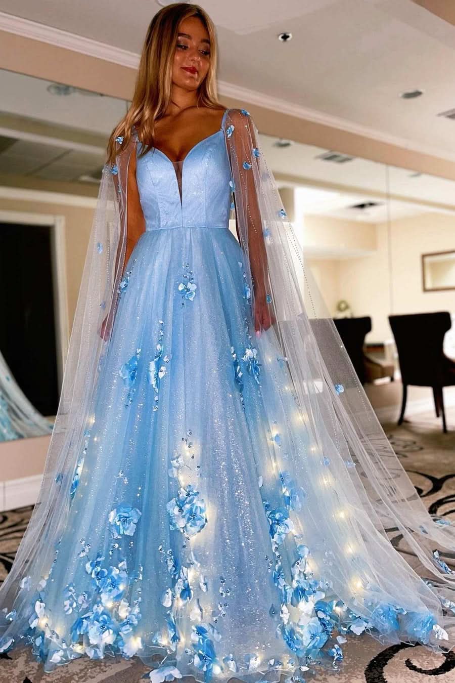 Lovely Lavender 3D Floral Lace A-Line Prom Dress with Cape Sleeves BM bride