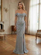 Sparkly Off-the-Shoulder Mesh Ruched Bodice Long Prom Dress with High Slit