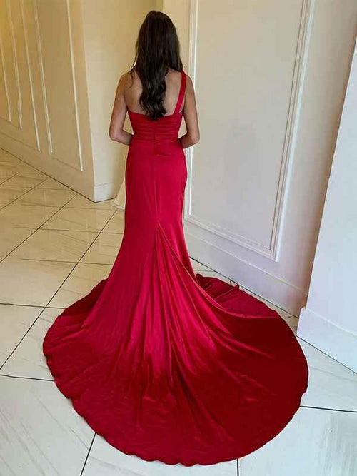 Red Mermaid Ruched One Shoulder Long Prom Dress with Slit BMBRIDE