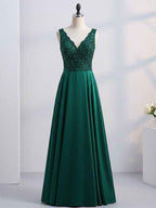 Green A-line V-Neck Floor-Length Satin Lace Prom Dresses With Sequins