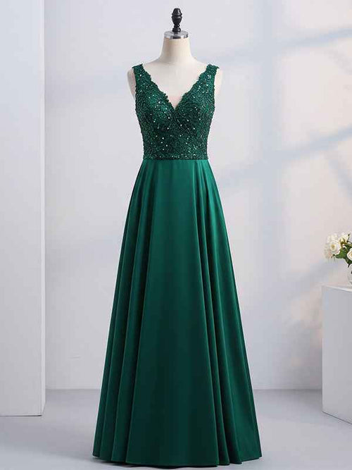 Green A-line V-Neck Floor-Length Satin Lace Prom Dresses With Sequins BMBRIDE