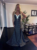Black and White Polka Dot Bow Strapless Prom Dress with High Slit