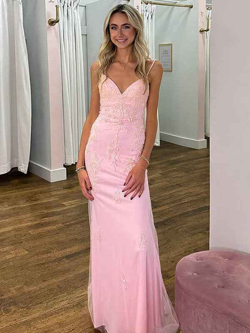 Pink Mermaid Spaghetti Straps Lace Up Long Prom Dress with Appliques BMBRIDE