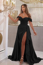 Elegant Sky Blue Off-The-Shoulder Sweetheart Prom Dress with Split Mermaid BM bride
