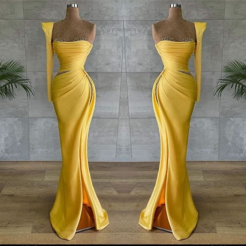 Yellow Asymmetrical Prom Dress with Beads BM bride