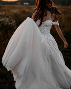 A-Line Off-the-Shoulder Tulle Wedding Dress with Lace Appliques BM bride