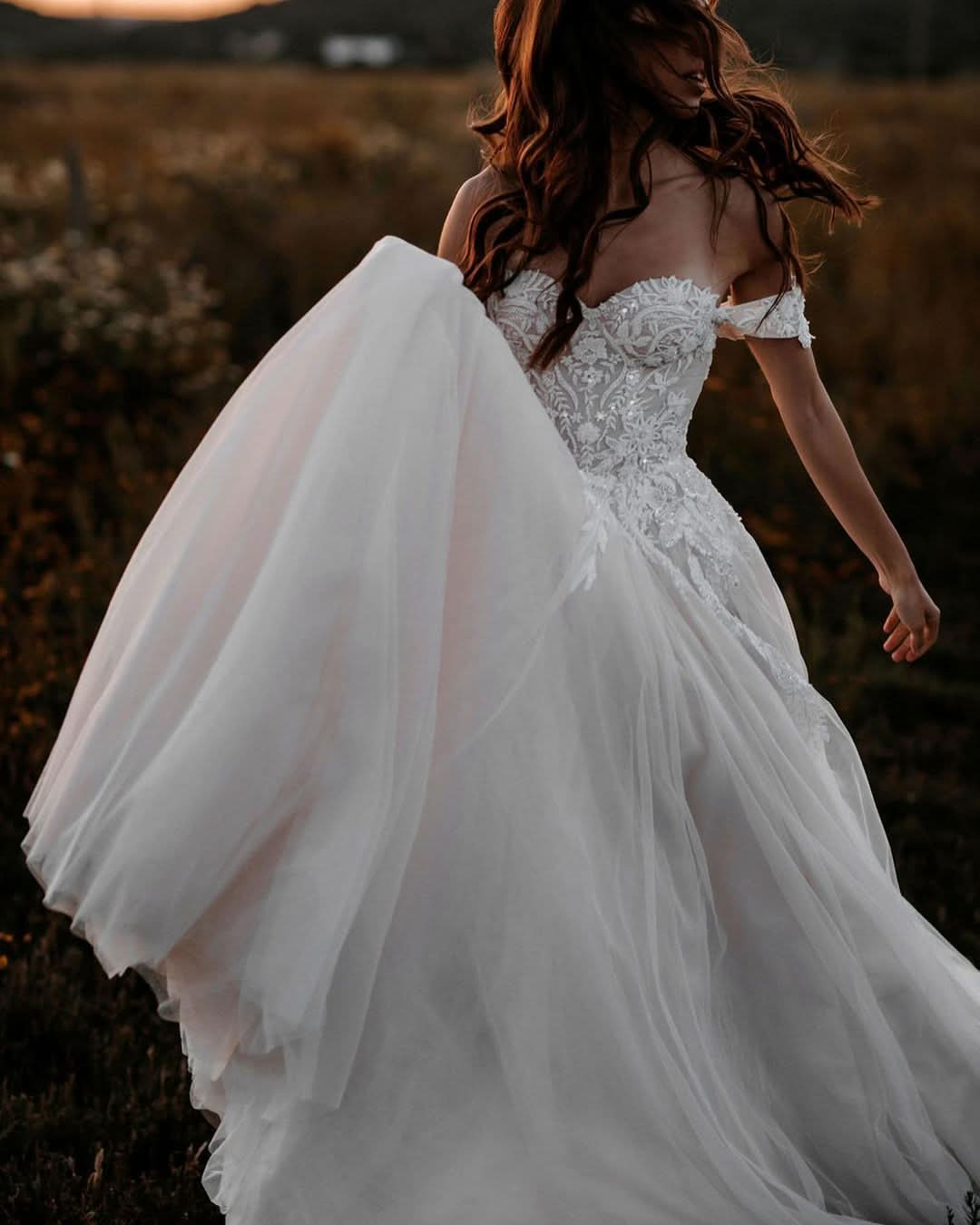 A-Line Off-the-Shoulder Tulle Wedding Dress with Lace Appliques BM bride