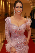 Pink Sweetheart Long Sleeve Mermaid Evening Dress with Sequins and Feather BM bride