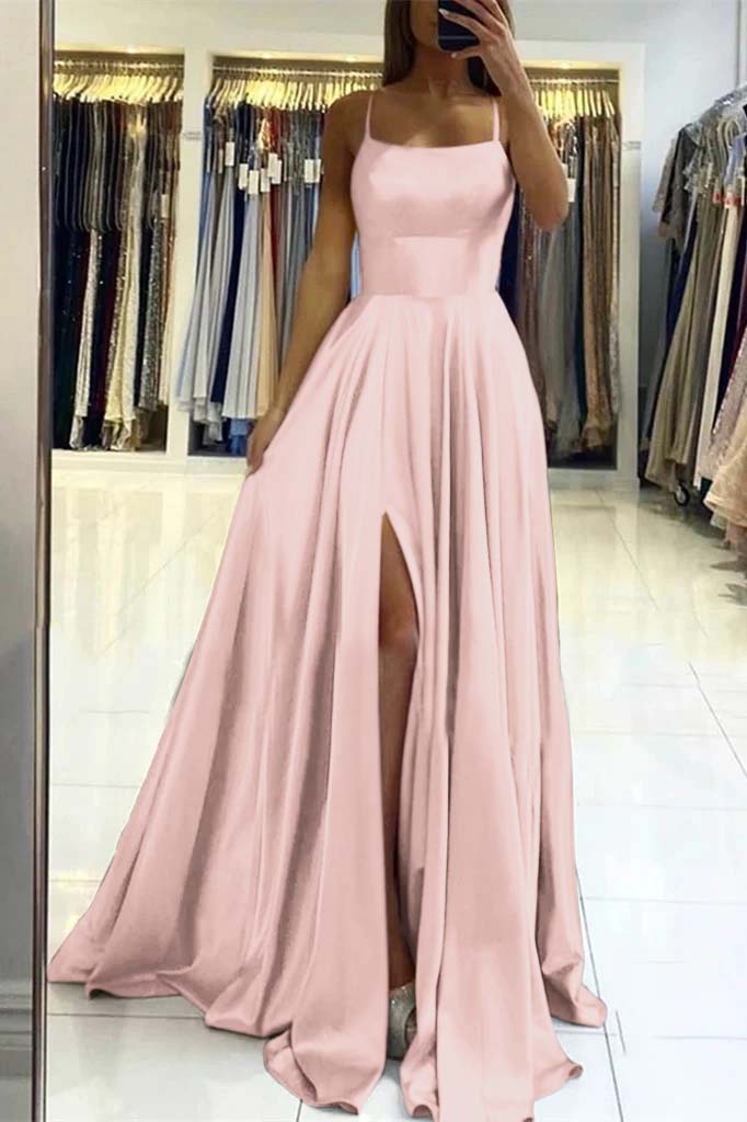 Pink Spaghetti Strap Sleeveless Backless Long Prom Dress With Front Split BMBRIDE