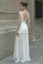 Charming White Backless Sleeveless Long Prom Dress With Pleated
