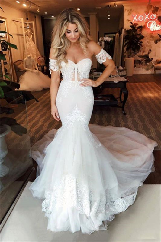 Gorgeous Sweetheart Mermaid Lace Wedding Dress with Detachable Sleeves BM bride