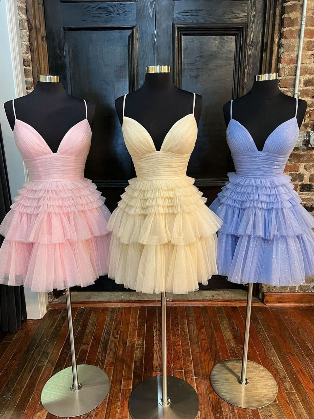 Deep V Neck Tiered A-Line Short Homecoming Dress BM bride