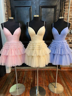 Deep V Neck Tiered A-Line Short Homecoming Dress BM bride