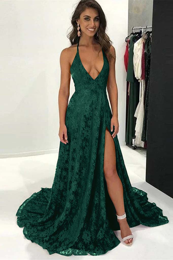 Burgundy Modern Halter Deep V Neck Backless Long Lace Prom Dress With Split BMBRIDE