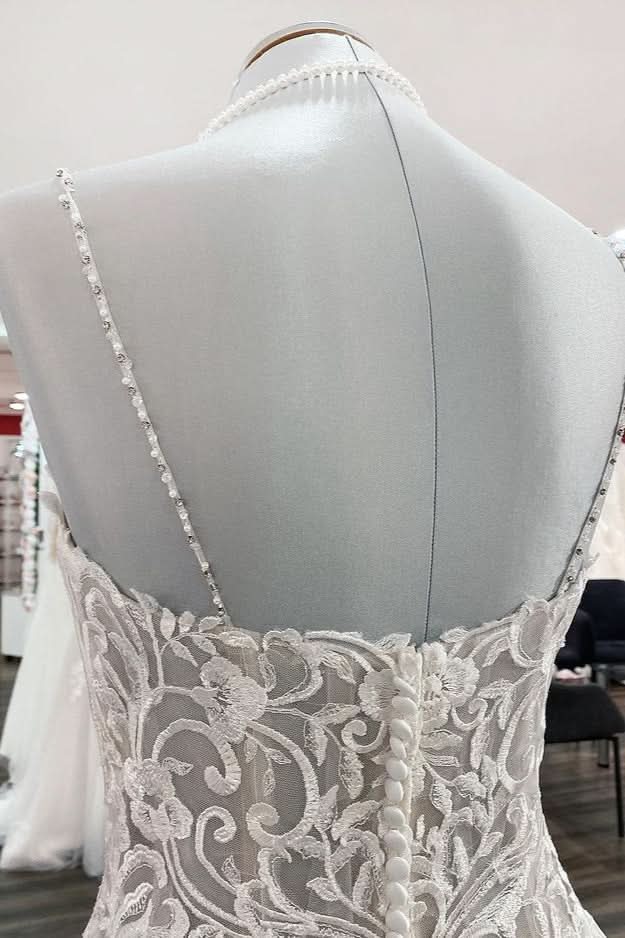 V-Neck Spaghetti Strap Ball Gown Tulle Wedding Dress with Lace Ruffles BM bride