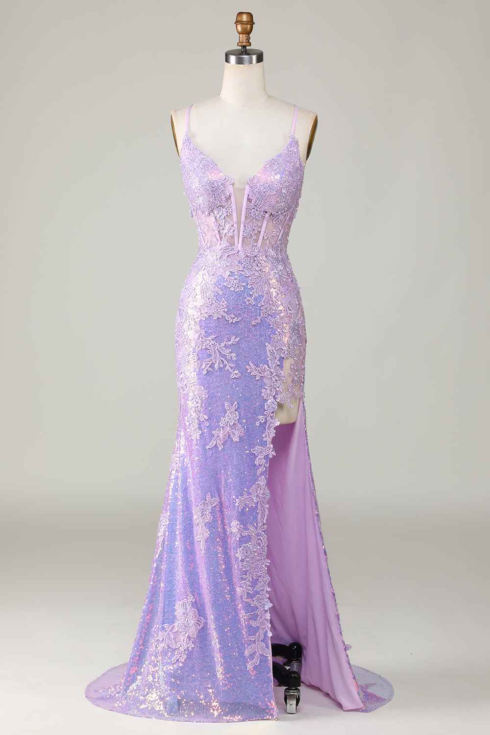 Spaghetti Strap Backless Sleeveless Appliques Long Prom Dress With Split