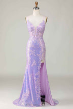 Spaghetti Strap Backless Sleeveless Appliques Long Prom Dress With Split