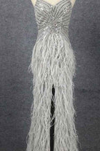 Hidaiss Luxury Sliver Mermaid Spaghetti Strap Prom Dress Split Sleeveless Feathers Beading