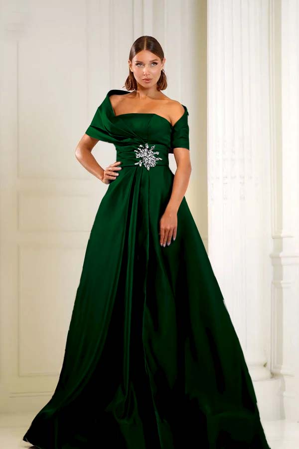 Off the Shoulder Sleeveless Long Prom Dress With Pleated Beading BMBRIDE