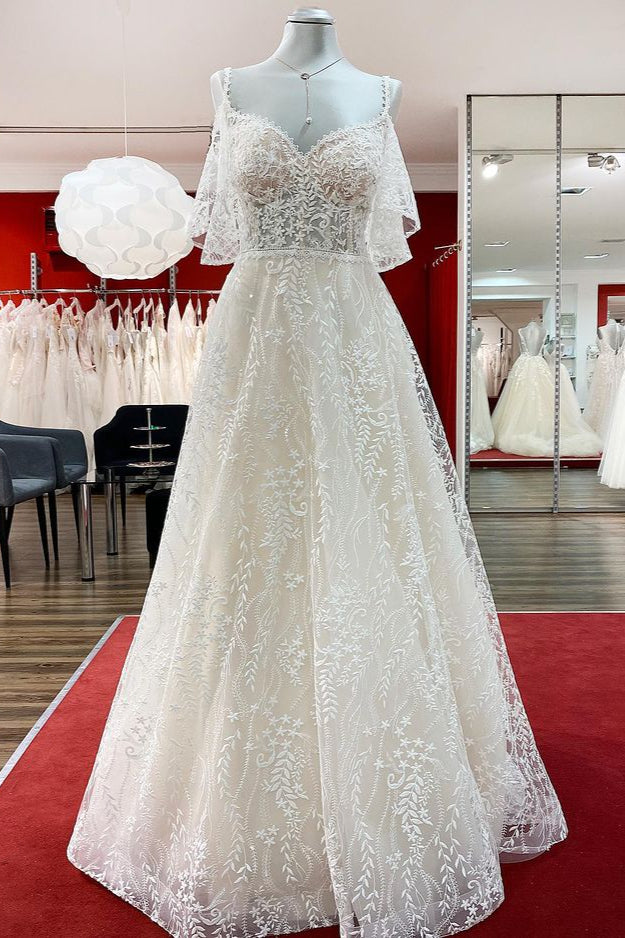 Long Sleeve A-Line Sweetheart Wedding Dress with Tulle Lace Appliques BM bride