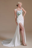Gorgeous Satin Spaghetti Strap Open Back Long Mermaid Wedding Dress with Slit BM bride