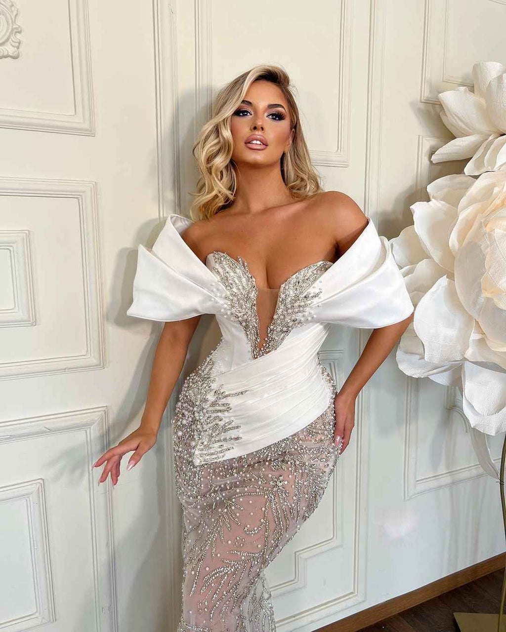 Heavy White Off the Shoulder Long Prom Dress Sleeveless Tulle