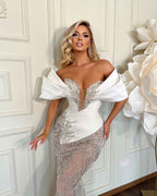 Heavy White Off the Shoulder Long Prom Dress Sleeveless Tulle
