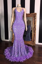 Gorgeous Sleeveless Sequin Lace Prom Dress Mermaid with Feather BM bride