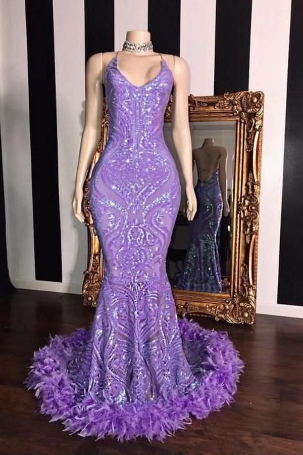 Gorgeous Sleeveless Sequin Lace Prom Dress Mermaid with Feather BM bride
