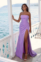 Charming Purple Long Evening Dress Prom Dress Strapless Sleeveless Slit Pleated BM bride