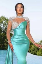 Long Purple Mermaid Prom Dress with Trail Beadings and Long Sleeves BM bride