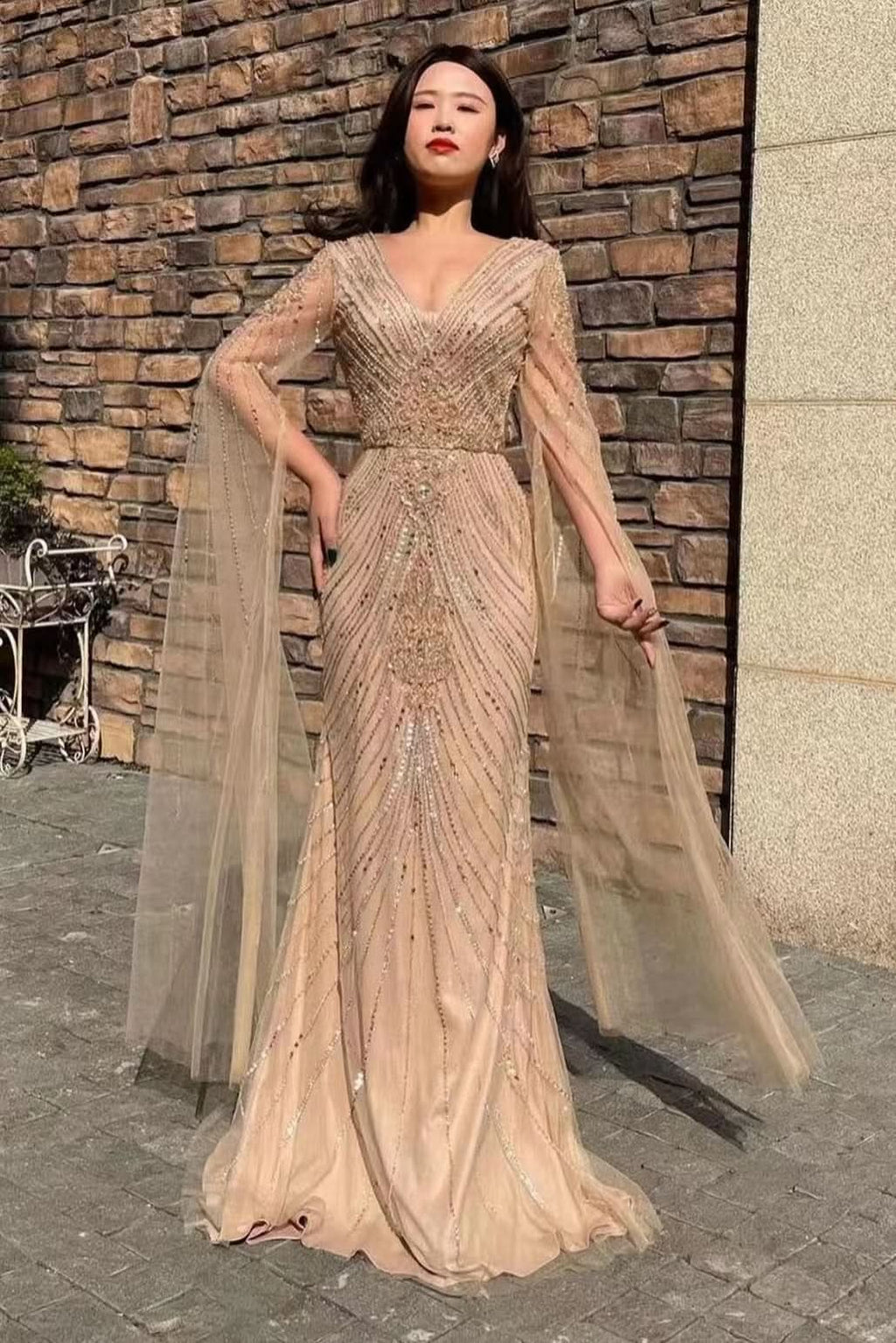 Gorgeous V-Neck Long Sleeves Tulle Mermaid Prom Dress with Beadings BM bride