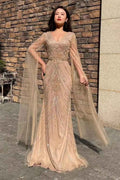 Amazing V Neck Long Sleeves Tulle Mermaid Prom Dress With Beading