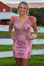 Sparkly Pink Sequined Tight Short Homecoming Dress with Feathers