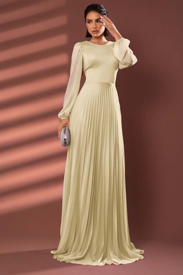 Chiffon Jewel Neck Long Sleeves Long Prom Dress With Pleated BMBRIDE