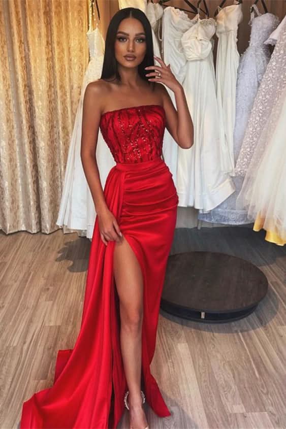 Classic Red Sequins Prom Dress with High Split BM bride