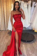 Exquisited Red Strapless Sleeveless Pleated Mermaid Prom Dress with Appliques