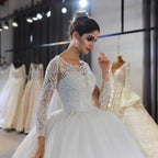 Gorgeous A-Line Bateau Long Sleeve Floor-Length Wedding Dress with Lace and Sequin Appliques BM bride