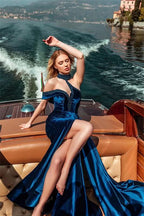 Royal Blue Sleeveless Halter Velvet Mermaid Prom Dress with Slit BM bride