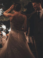 Long Sleeveless Tulle Lace Spaghetti Strap A-Line Wedding Dress with V-Neck BM bride