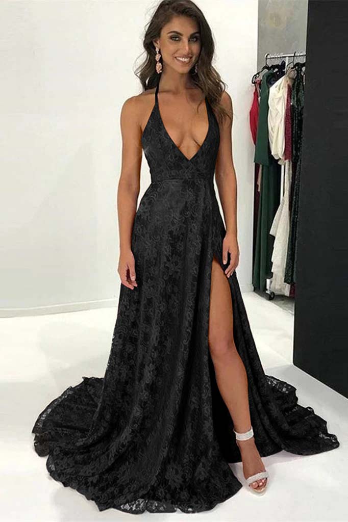 Burgundy Modern Halter Deep V Neck Backless Long Lace Prom Dress With Split BMBRIDE