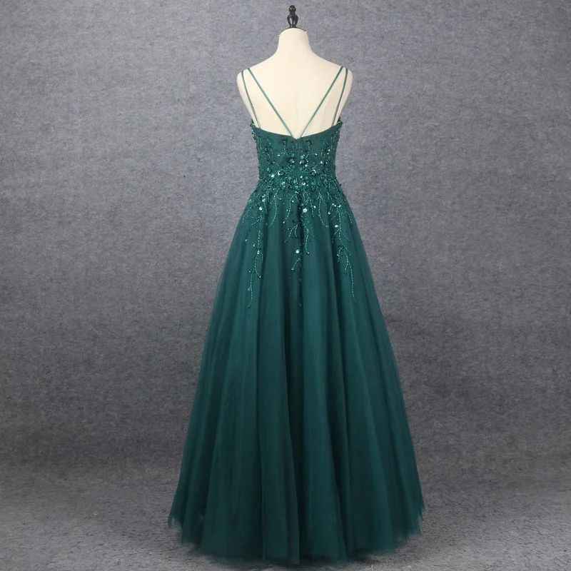 Emerald V Neck Floor Length Prom Dress A Line Sleeveless With Appliques