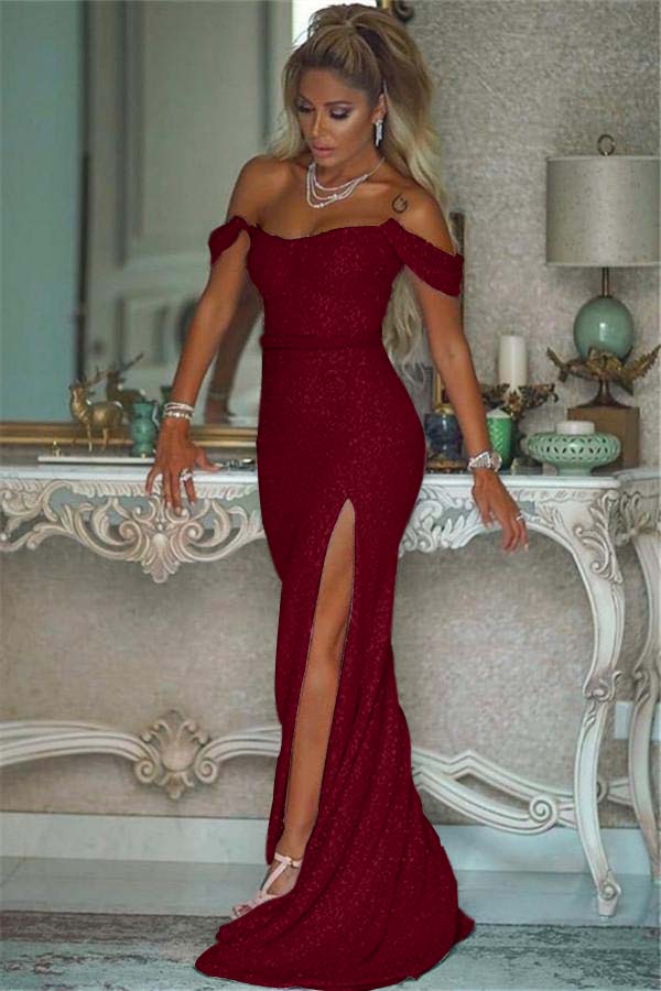 Pink Sequins Off the Shoulder Mermaid Elegant Prom Dresses With Split BMBRIDE