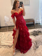 Lovely Sheath Off-the-Shoulder Long Lace Prom Dress (Lace-up Back) BM bride