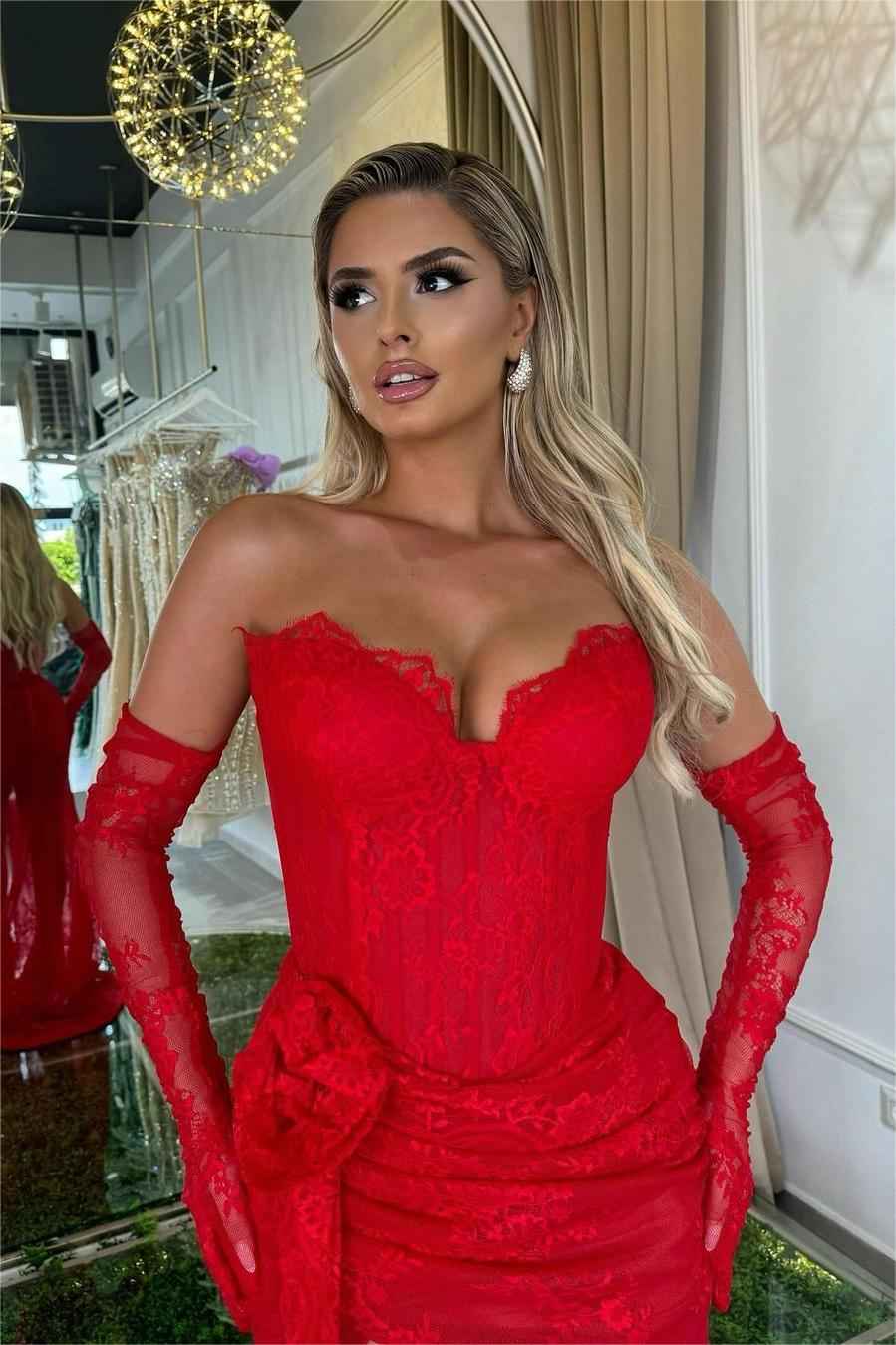 Red Strapless Split Sleeveless Mermaid Long Prom Dress With Long Gloves