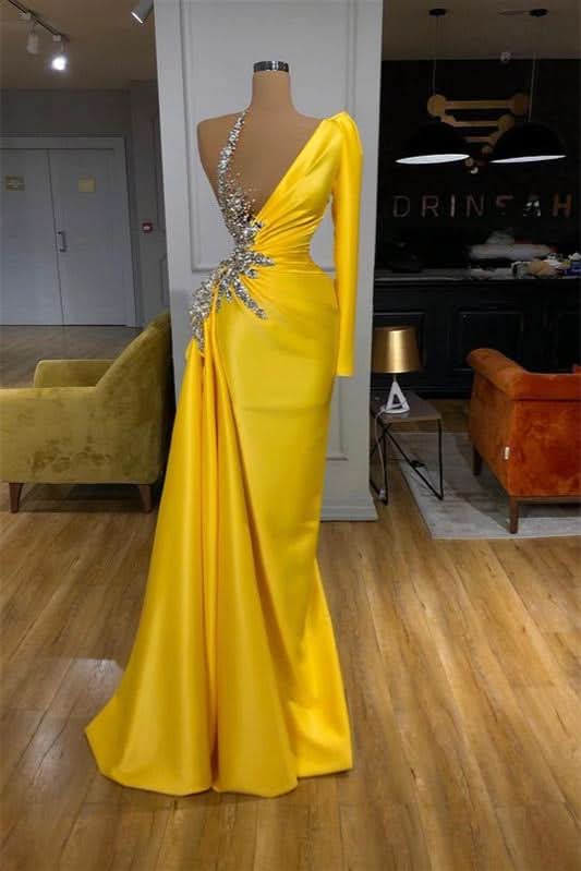 Long Sleeves Yellow Mermaid Prom Dress BM bride