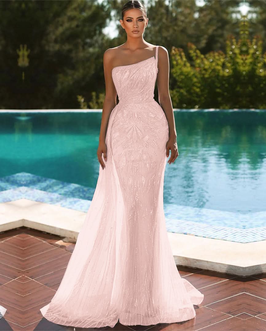 Sky Blue One Shoulder Mermaid Evening Dress with Sequins and Tulle BM bride