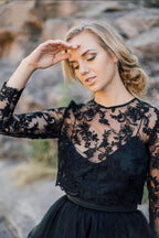 Vintage Black A-Line Long Sleeves Wedding Dress With Ruffles Appliques Lace Tulle BM bride
