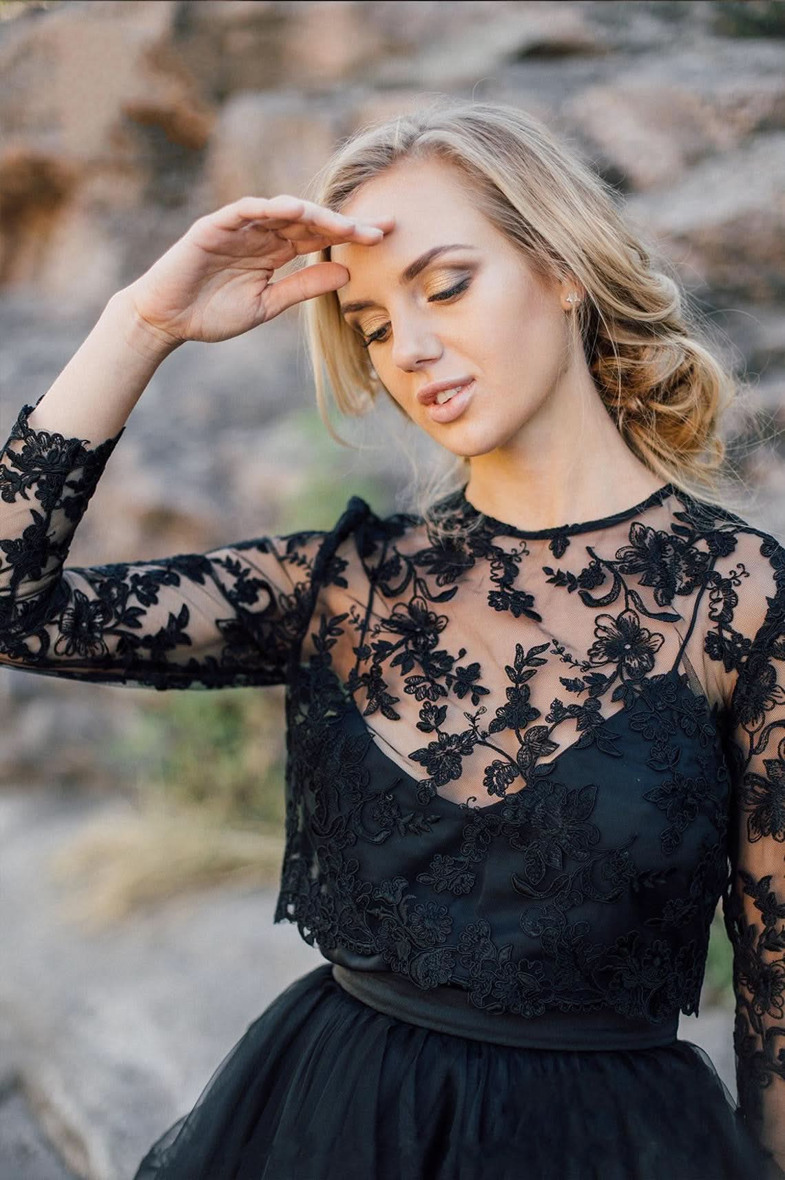 Vintage Black A-Line Long Sleeves Wedding Dress With Ruffles Appliques Lace Tulle BM bride