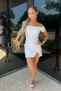 Sparkly White Off the Shoulder Sequin Tight Homecoming Dress Bmbride